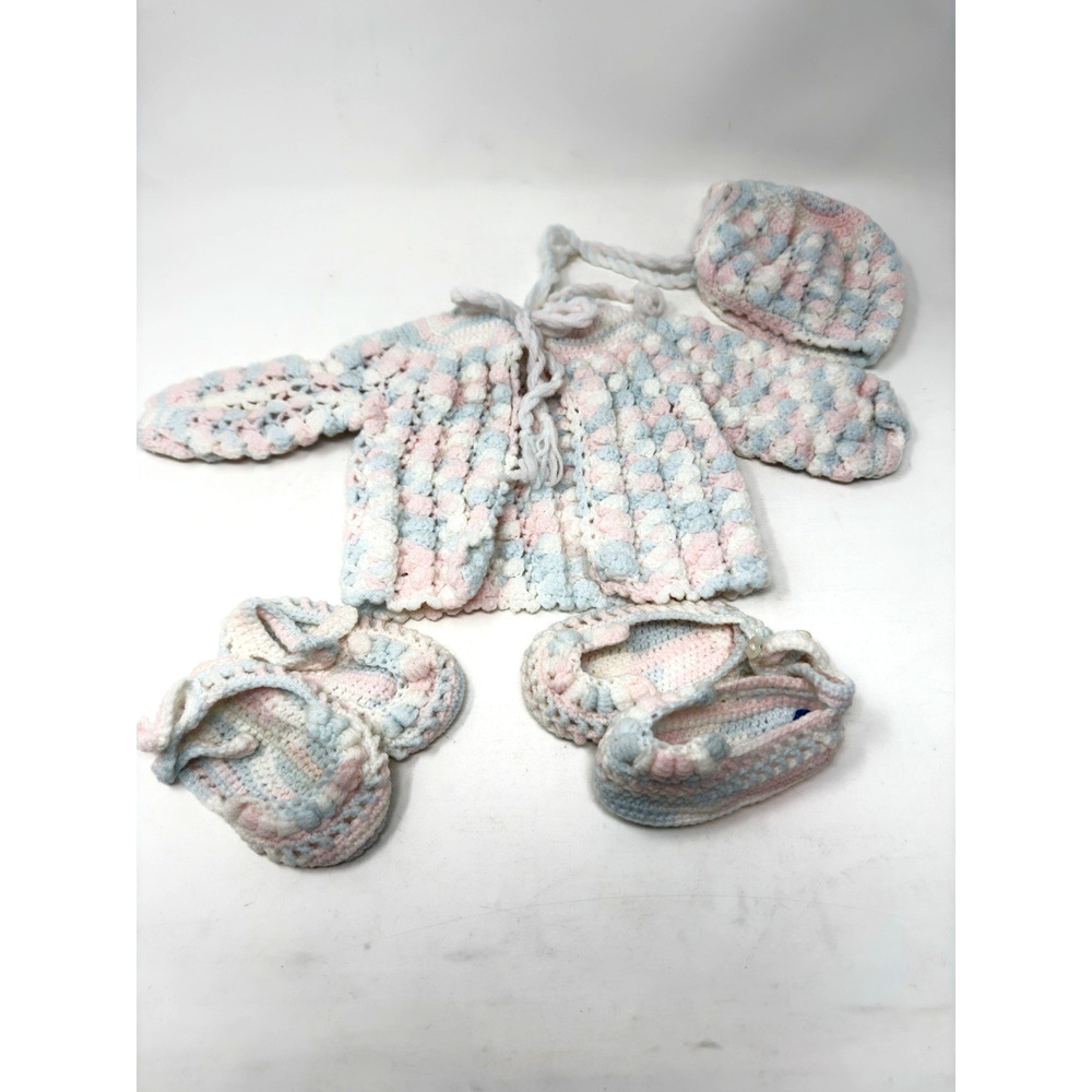 Vintage Hand Crocheted Baby or Doll Sweater Set Bonnet Hat Booties